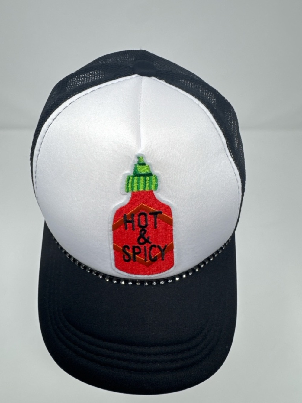 Hot & Spicy Trucker Hat Rhinestone SnapBack Black White Mesh NWOT